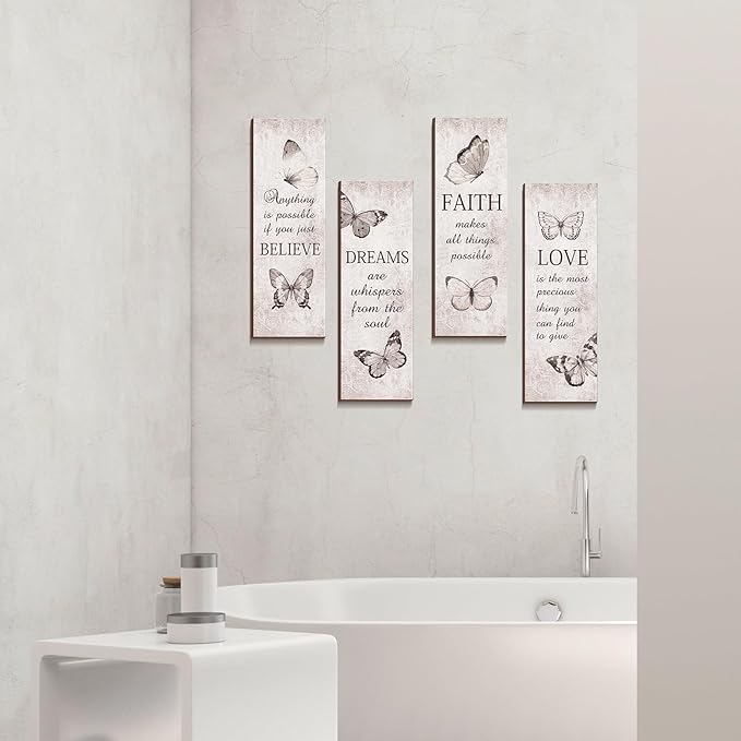 Qunclay 4 Pcs Inspirational Butterfly Wall Signs 16 x 5 Inch Rustic Wooden Wall Decor with Believe Faith Dream Love Quotes for Bathroom Bedroom Living Room Home Decor