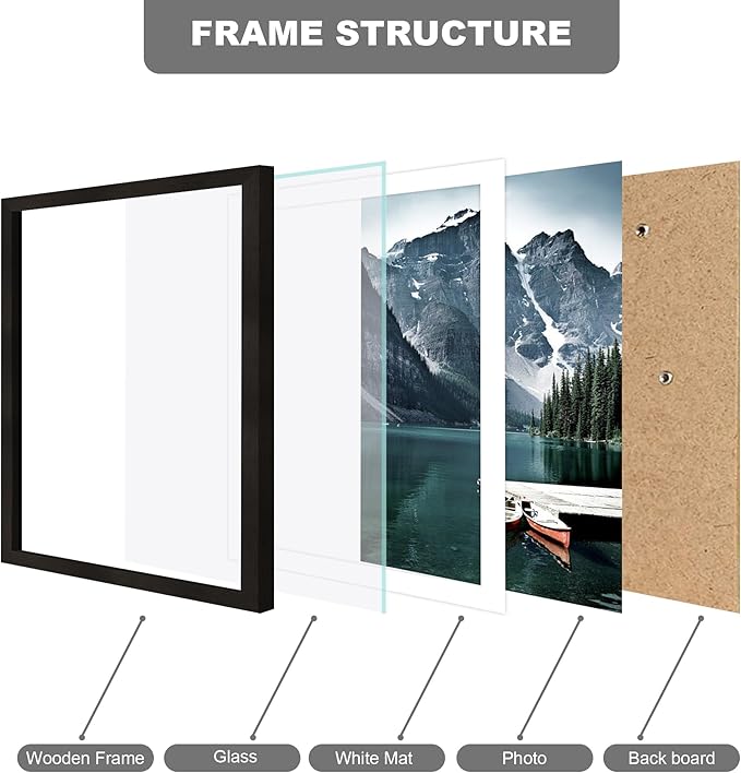 Hongkee 11x15 Picture Frame with Real Glass - Display Pictures 10x14 with Mat or 11 x 15 without Mat, Wall Collage Photo Frame set(Black, 3 Pack)