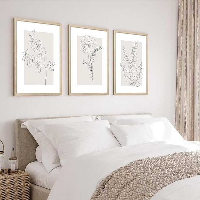 Neutral Botanical Prints Wall Art Flower Minimalist Canvas Wall Decor Vintage Line Wall Art Floral Plant Painting Pictures Beige Boho Artwork Farmhouse Poster for Bedroom 12x16x3 Inch Wood Framed