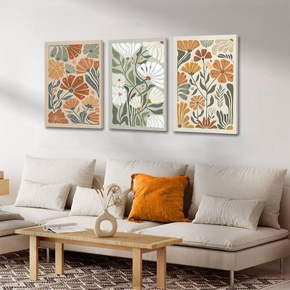 KISSFOX Framed Canvas Wall Art Abstract Floral Botanical Print Set of 3 Green Beige Wildflower Flower Market Paintings Boho Modern Minimalist Pictures Decor Bedroom Bathroom Living Room 16"x24"