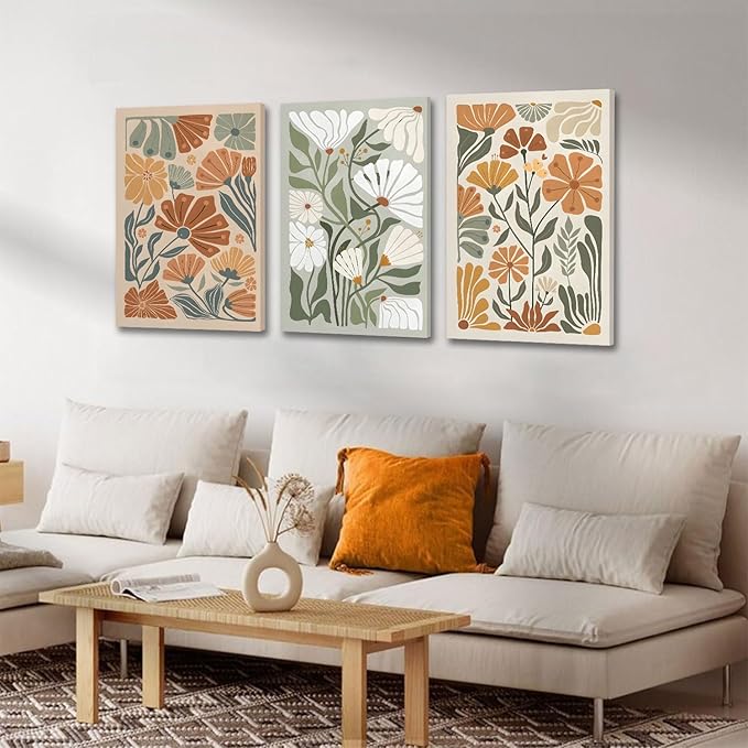 KISSFOX 3 Piece Framed Wall Art Floral Wall Decor Flower Canvas Art Green Beige Yellow Pictures Abstract Paintings Boho Prints Modern Artwork For Bedroom Bathroom Living Room
