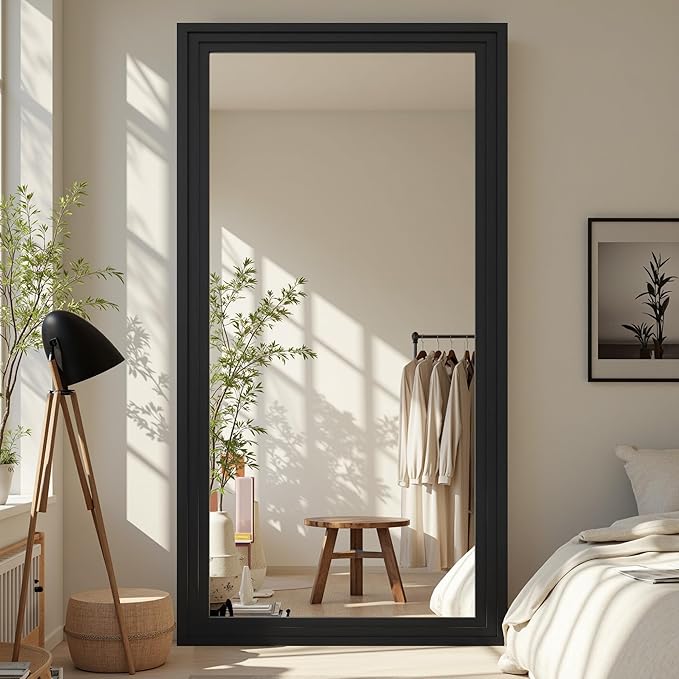 Full Length Mirror, 81"x41" Wooden Mirror Full Length with Stand Wood Floor Mirror, Oversized Stand Up Mirrors Large Wall Mirrors, Wall Mounted Mirrors, Rect Wood Style, Black