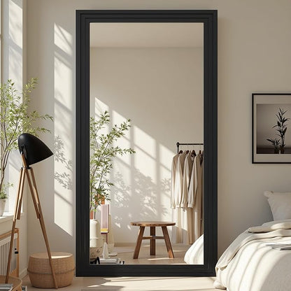 Full Length Mirror, 81"x41" Wooden Mirror Full Length with Stand Wood Floor Mirror, Oversized Stand Up Mirrors Large Wall Mirrors, Wall Mounted Mirrors, Rect Wood Style, Black