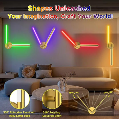 Battery Operated Wall Sconce of 2, 360°DIY Rotatable,Wireless Magnetic Wall Lights with Remote,10 RGB Color with 5CCT Dimmable,Cordless Wall Lamp Decor for Vanity Bedroom 10000mAh Gold