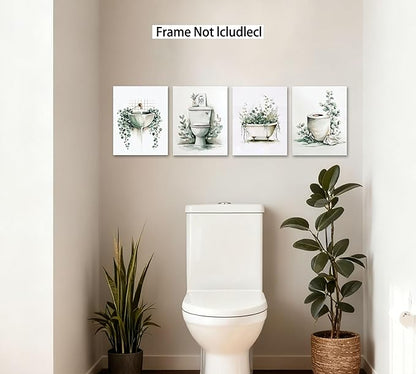 Frimeeme Unframed Green Botanical Bathroom Wall Art Decor,Boho Botanical Eucalyptus Watercolor Prints,Set of 4, 8x10 Inches
