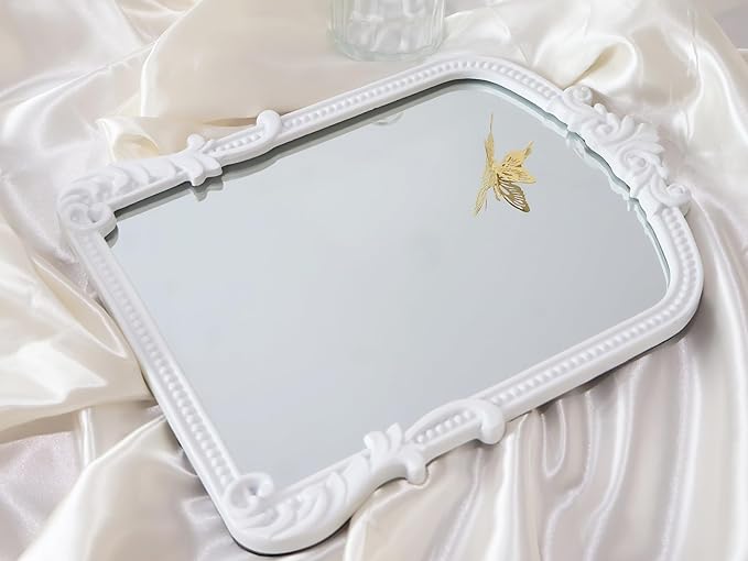 Vintage Vanity Small Mirror with Stand,Gold Decorative Mirrors for Wall,Antique Desk Eclectic Home Dresser Decor Small Mirror,Bathroom, Bedroom, Makeup Desk, Wall Entry,11.6" L x 9.0" W White