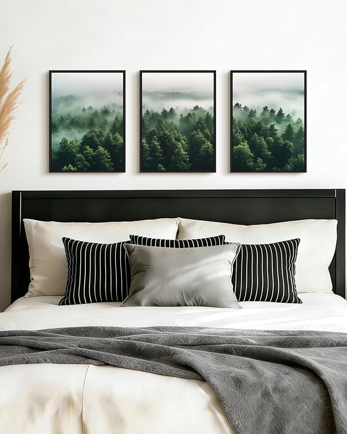 PHOPAGO Green Fog Pine Tree Framed Wall Art Nature Misty Nordic Forests Artwork Morden Paints Bedroom Living Room Home Decor - 11x14in Black Framed