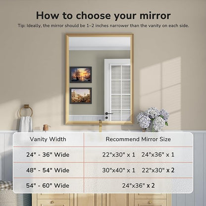 USHOWER Brushed Gold Bathroom Mirrors for Over Sink 30x40 Inch, Metal Framed Rectangle Vanity Mirror for Wall, Bedroom, Living Room, Entryway, Anti-Rust, HD Tempered Glass, Horizontal/Vertical