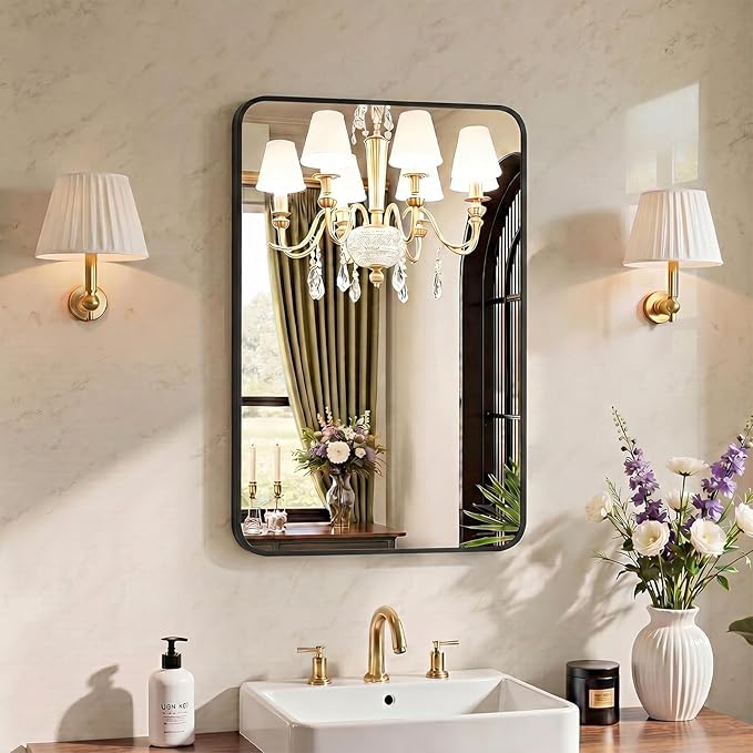 OLIXIS Bathroom Mirror for Over Sink, 28x20 Inch Wall Mount Mirror with Rounded Rectangle and Matte Metal Framed, Modern Wall Vanity Mirror for Home Decor, Living Room, Bedroom, Black