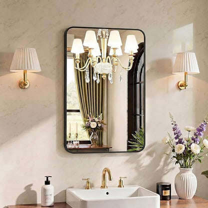 OLIXIS Bathroom Mirror for Over Sink, 28x20 Inch Wall Mount Mirror with Rounded Rectangle and Matte Metal Framed, Modern Wall Vanity Mirror for Home Decor, Living Room, Bedroom, Black