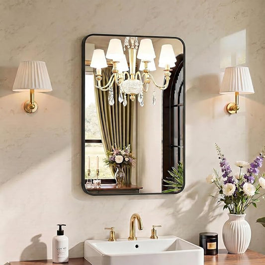 OLIXIS Bathroom Mirror for Over Sink, 28x20 Inch Wall Mount Mirror with Rounded Rectangle and Matte Metal Framed, Modern Wall Vanity Mirror for Home Decor, Living Room, Bedroom, Black