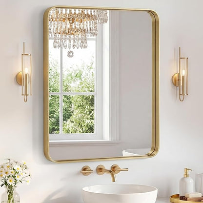 NEWBULIG 30X36 Inch Bathroom Mirror for Over Sink, Wall Vanity Mirrors Tempered Glass, Anti-Rust Metal Framed Rounded Rectangle, Hangs Horizontally or Vertically, Farmhouse Home Decor, Gold