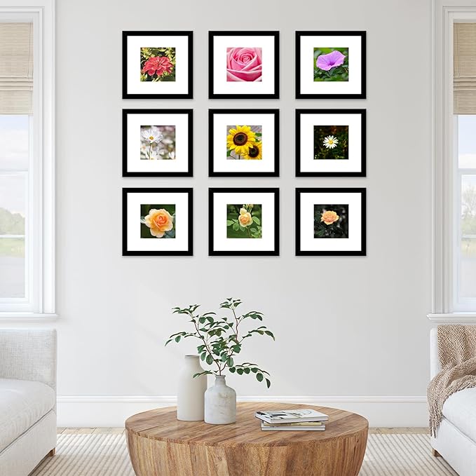 JCJMY 12 Packs 8x8 Picture Frames, Display 5x5 with Mat or 8x8 without Mat, Square 8 by 8 Frames Bulk Set of 12 Collage Wall Decor Photo Frames Set for Wall and Tabletop, Black