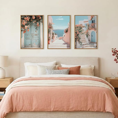 KAIRNE Italy Amalfi Coast Cityscape Framed Canvas Wall Art Set,Neutral Italian Mediterranean Wall Decor,Greece Island Landscape Wall Painting,Florida Beach Artwork for Living Room,Bedroom-16 x24 x3