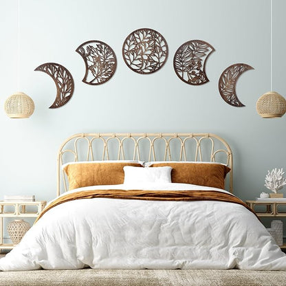 Jetec 5 Pcs Moon Phase Wall Art Decor Wall Pediments Hanging Wooden Phase Spiritual Bedroom Nordic Boho Lunar Aesthetic Art for Living Room Dorm Apartment Ornament(Dark Brown,15.75 Inch,Botanical)