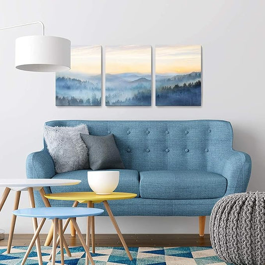 Wall Decor for Bedroom 3 Panel Sunrise Misty Forest Print Picture Paintings Wall Art for Living Room Bathroom Framed Canvas Artwork Modern Room Wall Decorations Size 12x16 x 3 Piece Ready to Hang