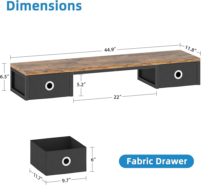 YAOHUOO 45" Large TV Riser with Fabric Drawers for 32-60 inch TV, TV Stand Riser with Steel Legs, Tabletop TV Riser Shelf, Monitor Stand Riser for Home Office, Rustic Brown