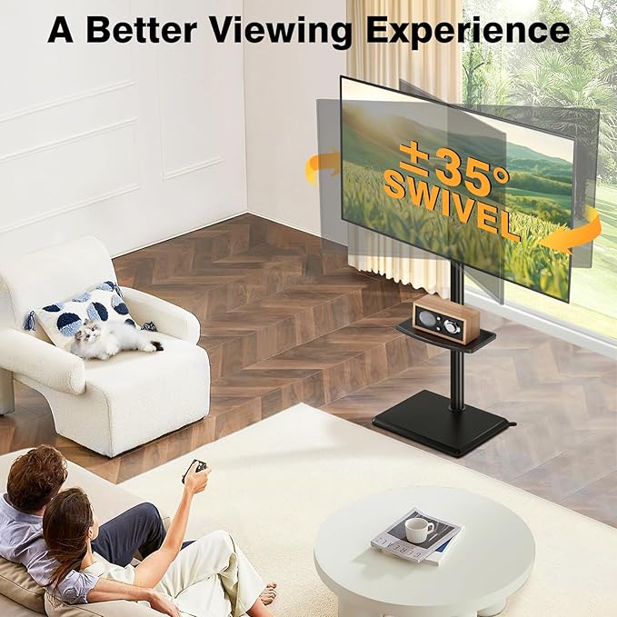 TVON Floor TV Stand with Mount for Most 32-65 Inch Flat/Curved TVs up to 88 lbs, Height Adjustable TV Mount Stand with Wood Base, Swivel TV Stand for Bedroom, Corner & Living Room, Max VESA 400x400mm