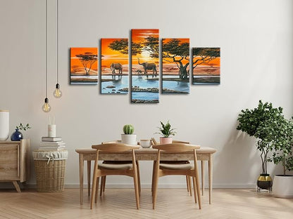 Wieco Art Elephant Family Large Modern 5 Piece Gallery Wrapped African Landscape Giclee Canvas Prints Artwork Animals Paintings Reproduction Pictures on Canvas Wall Art for Bedroom Home Decor L