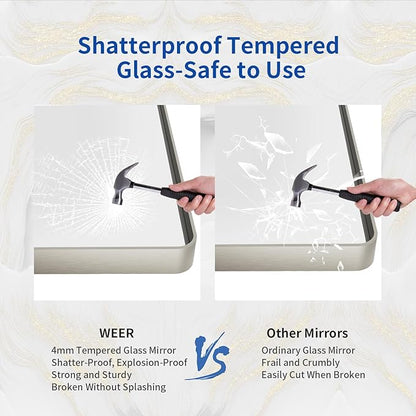 WEER 55X36 Inch Brushed Nickel Bathroom Mirror, Brushed Silver Metal Frame Mirror, Rounded Rectangle Silver Bathroom Vanity Mirror, Tempered Glass, Anti-Rust, Hangs Horizontally or Vertically