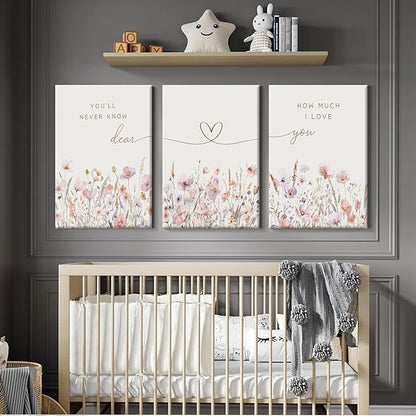 3Pcs Wildflower Nursery Canvas Wall Art Flower Botanical Sentence Poster Painting Picture Wall Decor Boho Girl Nurseries Print Artwork for Nursery Baby Room Living Room Bedroom Home Decoration12x16in