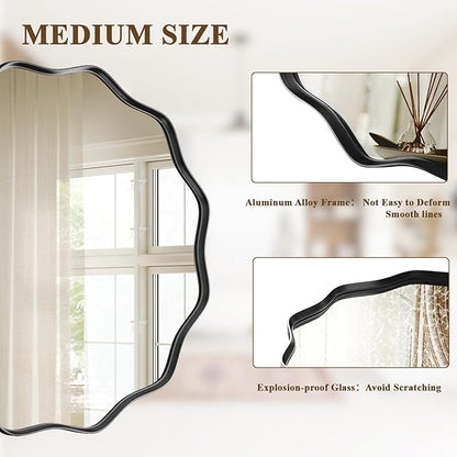 VooBang Black Scalloped Circle Mirror, 24" Wavy Edge Round Wall Mirror with Tempered Glass Textured Circular Metal Deep Frame, Hanging Leaning for Bathroom, Hallway, Entryway, Livng Room