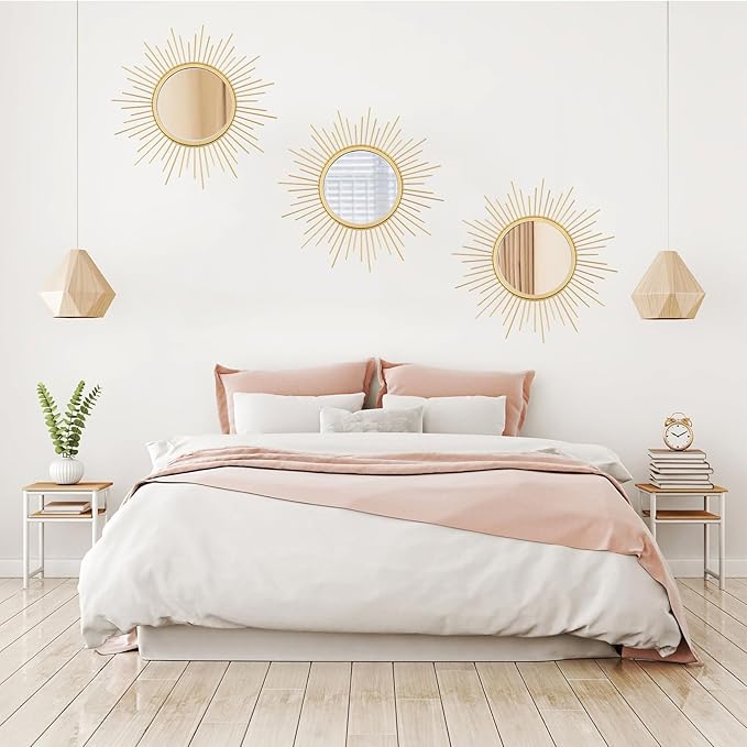 3 Set Sunburst Mirrors for Wall Decor Living Room Bedroom Bathroom Dining Room Metal Boho Sunburst Wall Mirror Set Gold Metal Vintage Circle Art Pack - Gold 15.7 in