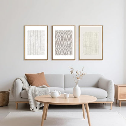 Large Abstract White and Beige Framed Canvas Wall Art,Geometric Dot and Line Wall Decor,Modern Wave Lines Artwork,Neutral Minimalist Shapes Art Print for Living Room,Bedroom,Office- 16"x24"x3