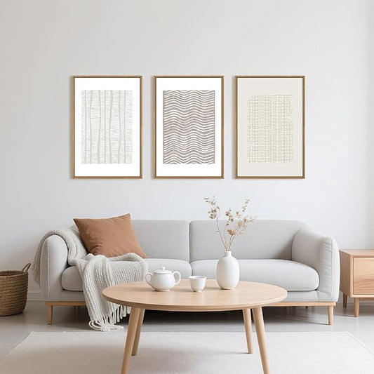 Large Abstract White and Beige Framed Canvas Wall Art,Geometric Dot and Line Wall Decor,Modern Wave Lines Artwork,Neutral Minimalist Shapes Art Print for Living Room,Bedroom,Office- 16"x24"x3