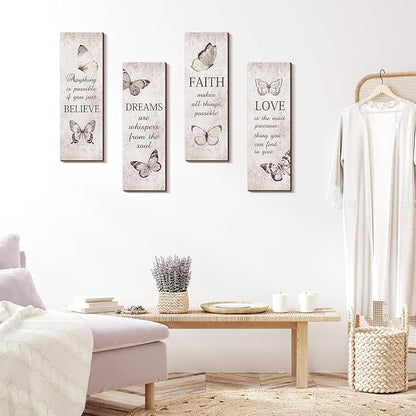 Qunclay 4 Pcs Inspirational Butterfly Wall Signs 16 x 5 Inch Rustic Wooden Wall Decor with Believe Faith Dream Love Quotes for Bathroom Bedroom Living Room Home Decor
