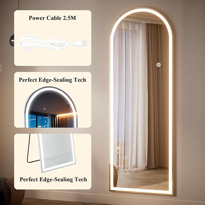 Arched LED Mirror Full Length - 65" x 26" Mirror Full Length with Light, Wall Mounted Full Body for Bedroom/Dressing Room, 3 Color Lighting, White