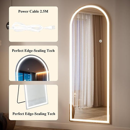 Arched LED Mirror Full Length - 64" x 21" Large Arch Floor Full Body Mirror with 3 Color Lights Brightness Adjustable, Standing Leaning for Bedroom, Dressing Room, Cloakroom, White