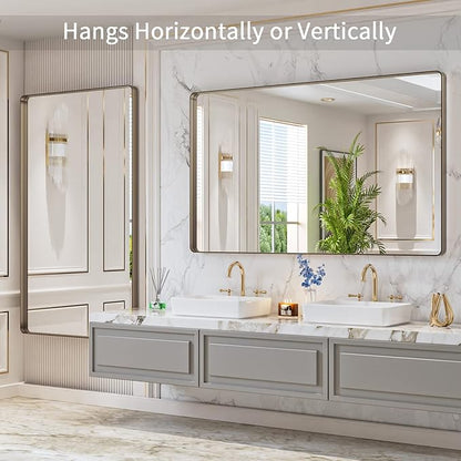 LOAAO 60”X36” Bronze Bathroom Mirrors for Vanity, Rounded Rectangle Brushed Bronze Metal Frame Mirror, Anti-Rust, Tempered Glass, Hangs Horizontally or Vertically