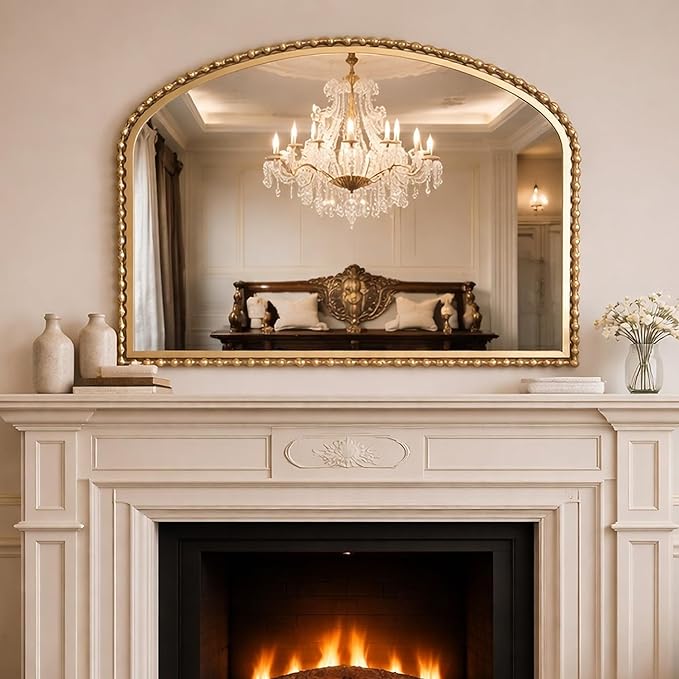 36x28 Inch Wide Arched Wall Mirror with Bold Antique Gold Beaded Frame, Decorative Mantel Mirror for Fireplace or Entryway, Horizontal Hanging Statement Mirror for Living Room Wall Decor