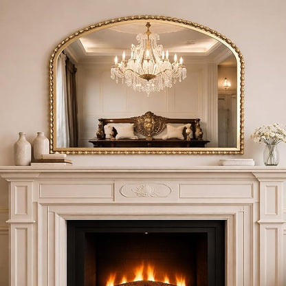 36x28 Inch Wide Arched Wall Mirror with Bold Antique Gold Beaded Frame, Decorative Mantel Mirror for Fireplace or Entryway, Horizontal Hanging Statement Mirror for Living Room Wall Decor