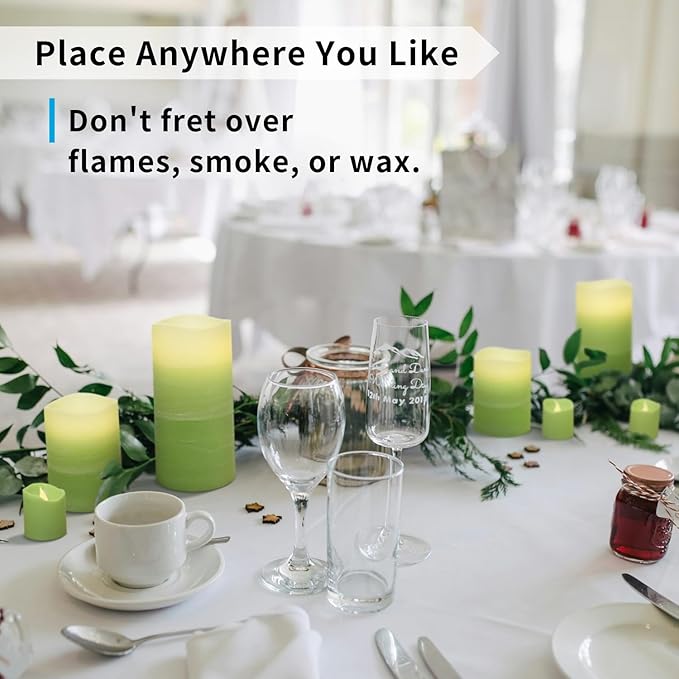 FURORA LIGHTING Green Ombre Flameless Candles - Real Wax, Adjustable Brightness, Remote & Timer - 4 Pillars (3x4, 3x6) and 4 Votives, 8-Pack, Battery Operated