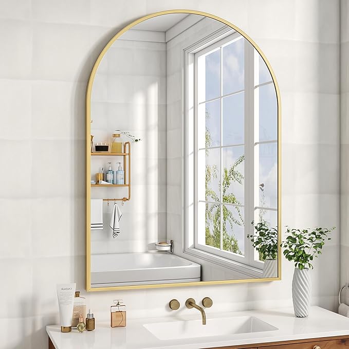 XRAMFY 32"x48" Arched Bathroom Mirror with Aluminum Frame Arched Wall Mounted Vanity Mirror for Entryway, Bedroom, Living Room, Gold