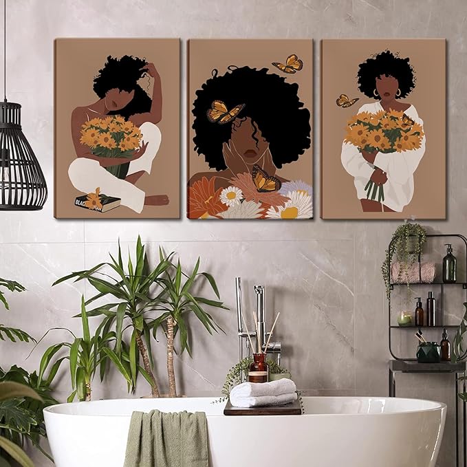 Black Woman Canvas Wall Art Set of 3 - Boho Black Girl Sunflower Posters African American Pictures Fashion Flower Art Prints for Nordic Minimalist Room Bedroom Wall Decor 12”x16”x3 Framed