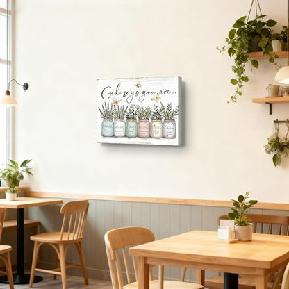 Inspirational Bible Verse Wall Art God Says You Are Sayings Wall Decort Christian Gift Quotes Painting scripture Pictures Print Flowers in Mason Jar Poster for Women Girls Bedroom(24x16 Canvas)