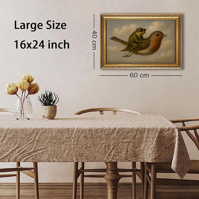 WZGZXU Gold Framed Wall Art Vintage Pictures Wall Decor Frog Riding Bird Canvas Art Funny Paintings Animal Prints Antique Artwork For Living Room Bedroom 24x36in