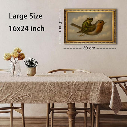 WZGZXU Gold Framed Wall Art Vintage Pictures Wall Decor Frog Riding Bird Canvas Art Funny Paintings Animal Prints Antique Artwork For Living Room Bedroom 24x36in
