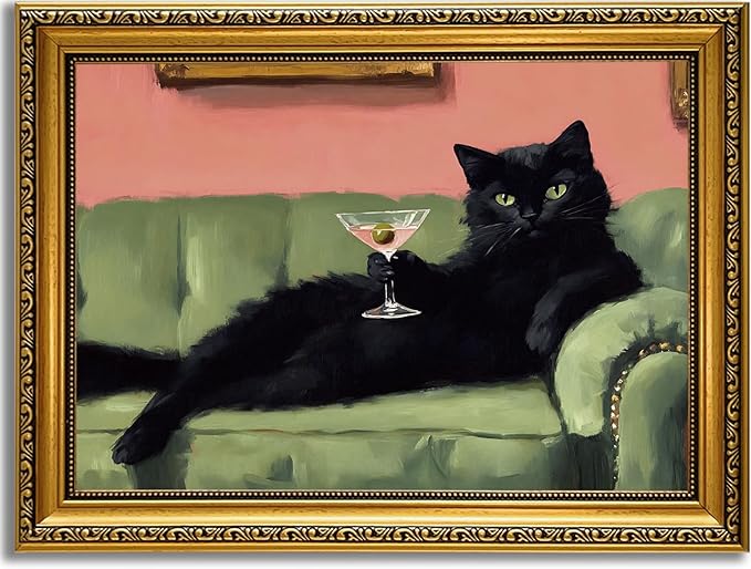 YD&YZY Gold Framed Funny Cat Wall Art Canvas Black Cat Martini Vintage Quirky Humor Bar Cart Wall Decor Cute Animal Painting Picture Print Artwork for Bedroom Living Room Bathroom 12x16 inch Framed