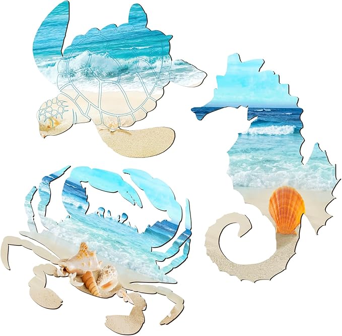 Tatuo 3 Pcs Summer Coastal Wall Decor Bathroom Beach Blue Wall Art Sea Turtle Surfboard Seahorse Starfish Seashell Conches Crabs Sea Life Decor for Bedroom Home (Turtle,Seahorse,Crab)