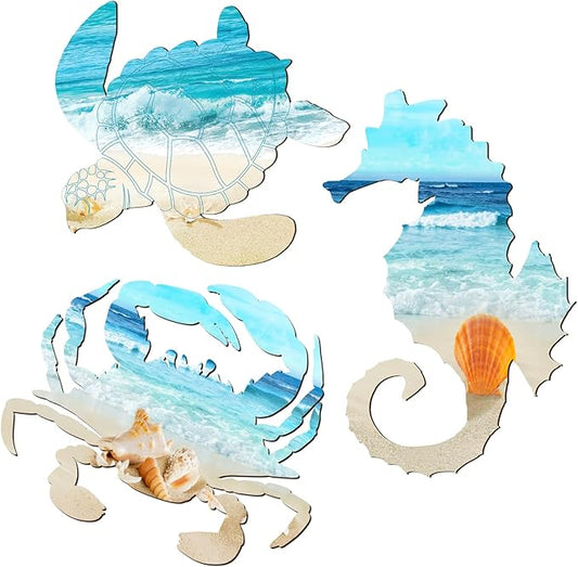 Tatuo 3 Pcs Summer Coastal Wall Decor Bathroom Beach Blue Wall Art Sea Turtle Surfboard Seahorse Starfish Seashell Conches Crabs Sea Life Decor for Bedroom Home (Turtle,Seahorse,Crab)