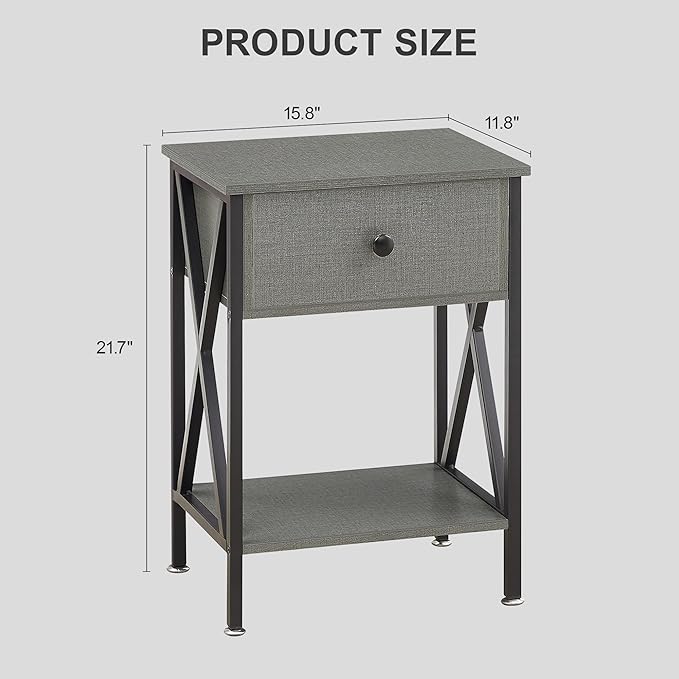 VECELO Night Stand Set of 2, End Tables with Drawer, 2-Tier Bedside Tables with X Shaped, Side Table Stand with Storage Shelf for Living Room/Bedroom,Dark Gray
