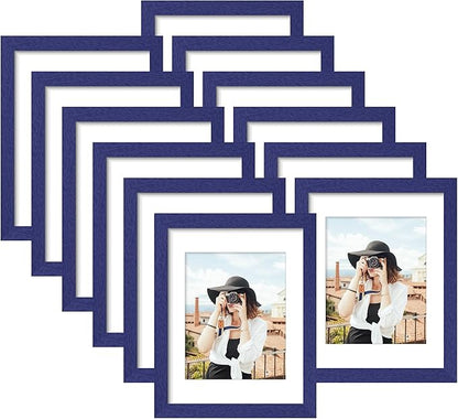Picrit 8.5x11 Picture Frame Set of 12, Display 6x8 with Mat or 8.5 x 11 without Mat, Photo Frames for Wall Mounting or Table Top Display, Navy Blue