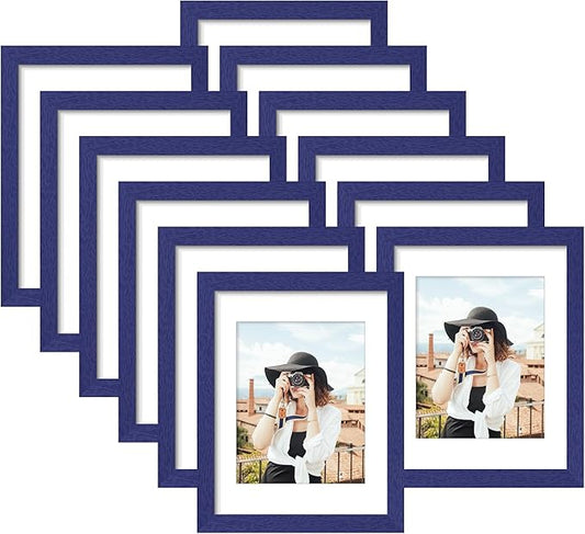Picrit 8.5x11 Picture Frame Set of 12, Display 6x8 with Mat or 8.5 x 11 without Mat, Photo Frames for Wall Mounting or Table Top Display, Navy Blue