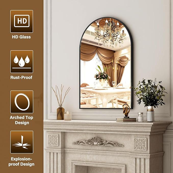 XRAMFY 24"x36" Black Arched Bathroom Mirror - Wall Mirror for Bathroom, Metal Frame Vanity Mirror, Dresser Mirror, Arch Decorative Mirrors for Living Room, Bedroom, Entryway, Mantle