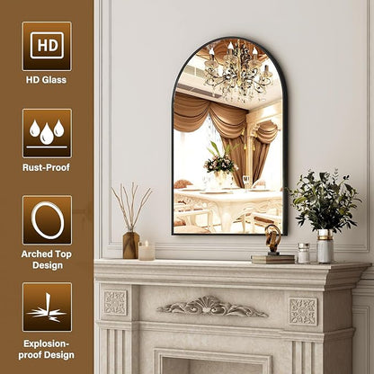 XRAMFY 24"x36" Black Arched Bathroom Mirror - Wall Mirror for Bathroom, Metal Frame Vanity Mirror, Dresser Mirror, Arch Decorative Mirrors for Living Room, Bedroom, Entryway, Mantle