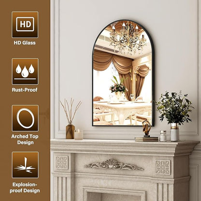 XRAMFY 20"x30" Black Arched Bathroom Mirror - Wall Mirror for Bathroom, Metal Frame Vanity Mirror, Dresser Mirror, Arch Decorative Mirrors for Living Room, Bedroom, Entryway, Mantle